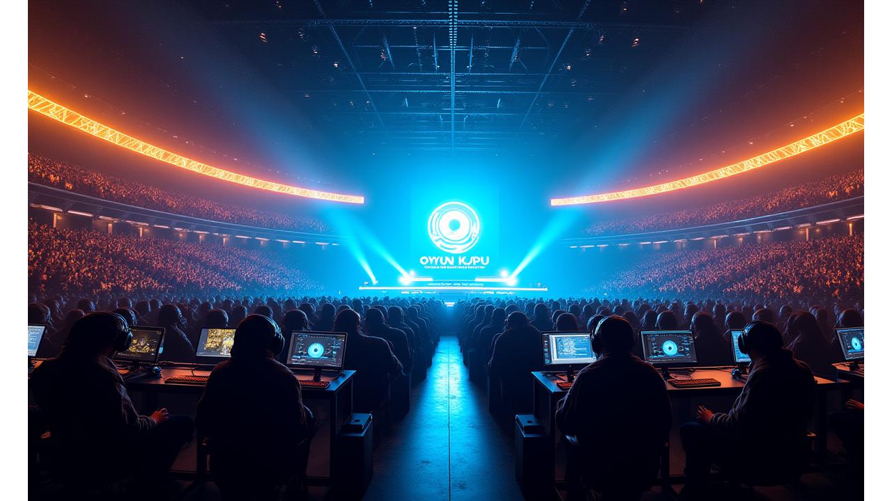 Büyük bir e-spor arenası, sahnedeki oyuncular ve coşkulu bir kalabalık, neon ışıkları ve Oyun Köprü markasının yansıması