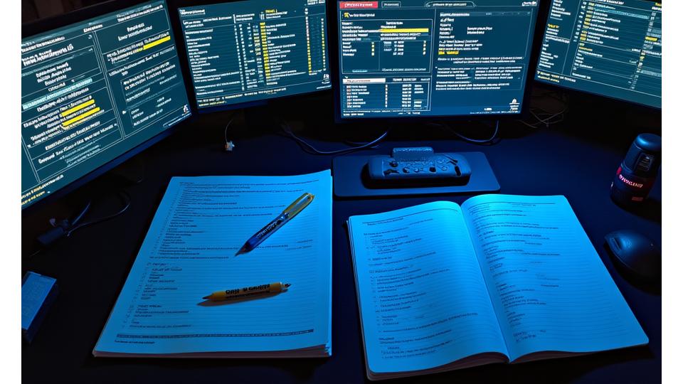 Bir e-spor turnuvasının kapsamlı planlama sürecini gösteren dijital arayüzler ve notlar, dinamik neon ışık vurgularıyla