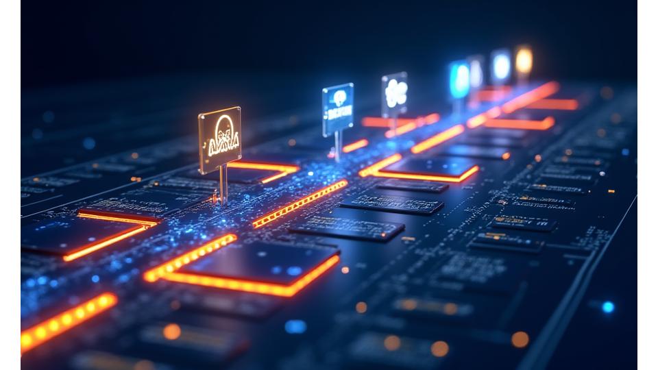 Neon ışıklarla aydınlatılmış bir dijital yol haritası ve gelecek vizyonu mockupları