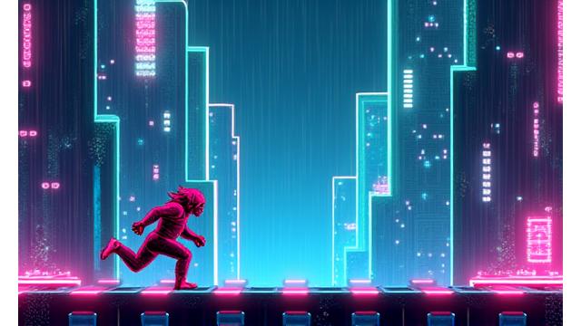 Siberpunk temalı, neon ışıklarla dolu bir aksiyon platform oyunundan sahne.