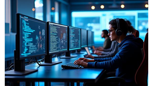 Bir grup oyun geliştiricisinin kodlama ve 3D modelleme üzerinde çalıştığı bir ofis ortamı.