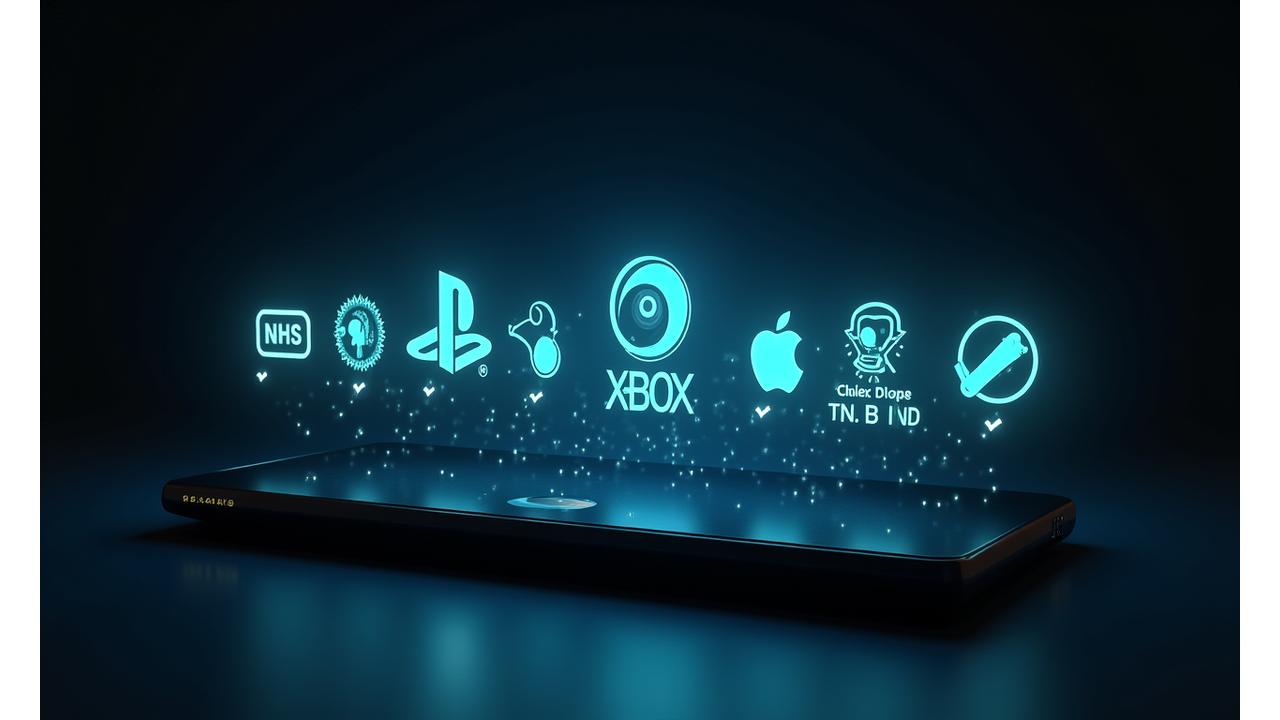 Farklı konsol ve mobil cihaz logolarının hologram görüntülerinin fütüristik bir konsol ekranında parladığı bir görüntü, veri akışları ve yeşil onay işaretleri ile uyumluluğu simgeliyor.