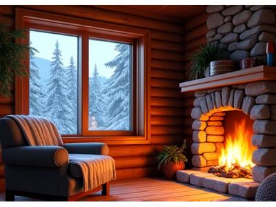 'Cozy Cabin' oyunundan bir sahne. Küçük, ahşap bir dağ kulübesinin içi gösteriliyor. Şöminede ateş yanıyor, bir battaniye koltuğun üzerinde duruyor, pencereden karla kaplı ağaçlar ve nazikçe yağan kar görünüyor. İç mekanda sade mobilyalar, kitaplar ve bitkiler var. Aydınlatma sıcak ve loş, oyuncuya huzur veren bir atmosfer sunuyor.