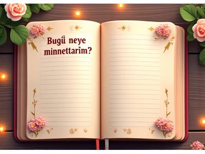 'Gratitude Journal' adlı dijital günlük oyununun arayüzü. Açık bir defterin sayfaları gibi düzenlenmiş ekranda, çeşitli fontlarda 'Bugün neye minnettarım?' sorusunun altında kullanıcı girişi alanları ve küçük ikonlar (kalp, güneş, ay) var. Çiçek motifleri ve yumuşak ışık efektleri ile süslenmiş, samimi ve kişisel bir his veriyor.