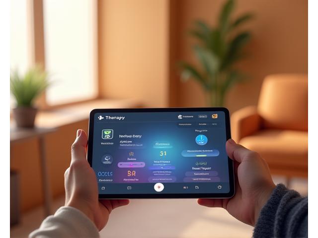 Bir hastanın tabletten terapi destekli bir oyun oynadığını gösteren bir sahne. Tablet ekranında, duygusal dengeyi temsil eden renkli bir grafik ve küçük ilerleme çubukları görünüyor. Arka planda bulanık bir terapi odası atmosferi var; sıcak renklerde duvarlar, rahatlatıcı bir koltuk ve üzerinde basit bir bitki bulunan bir masa. Sahne, umut ve iyileşme hissi veriyor.