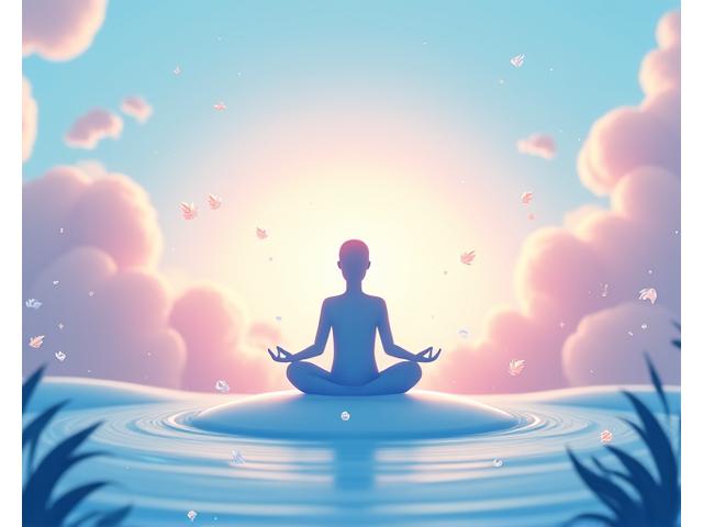 Renkli ve huzurlu bir oyun arayüzü çizimi. Bir karakter meditasyon pozisyonunda oturuyor, etrafında şeffaf enerji akışları ve doğal elementler (yapraklar, su damlaları) var. Arka planda pastel renklerde, yumuşak tonlarda bir gün batımı manzarası ve rahatlatıcı bulutlar var. Hafif bulanıklık efektiyle sakinlik hissi veren bir görünüm.