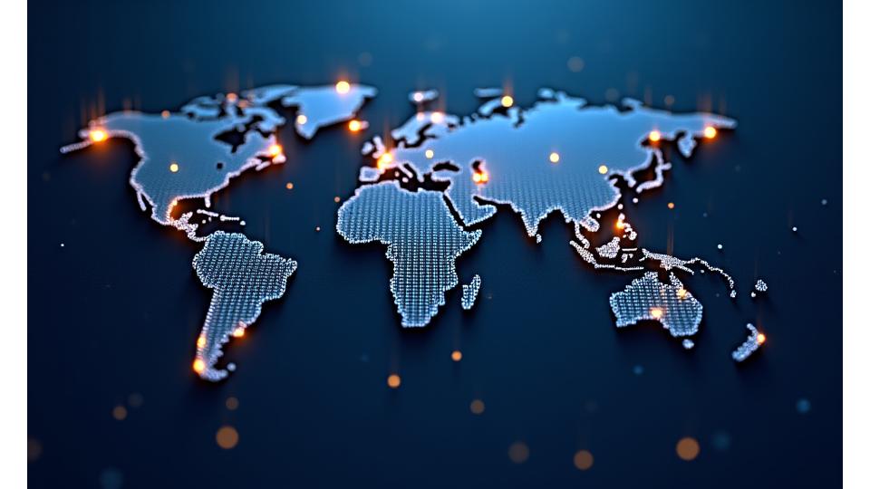 Farklı dillerin ve kültürlerin bir araya geldiği, global bir ağı temsil eden soyut grafik